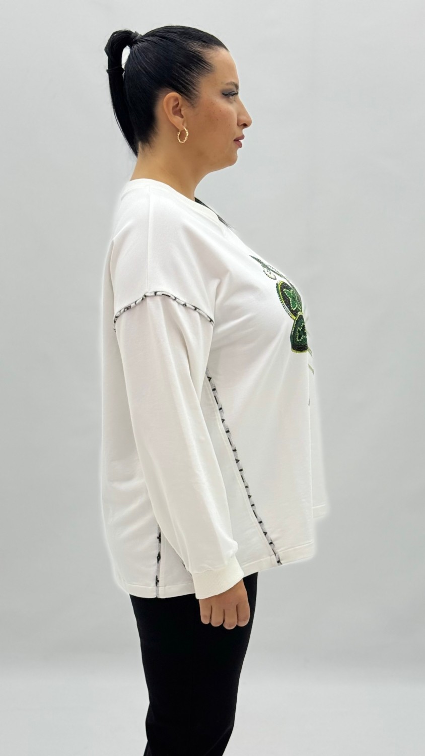 AlanyaXXL Büyük Beden Pamuklu Taşlı Uzun Kol Oversize Kadın Sweat görsel 5