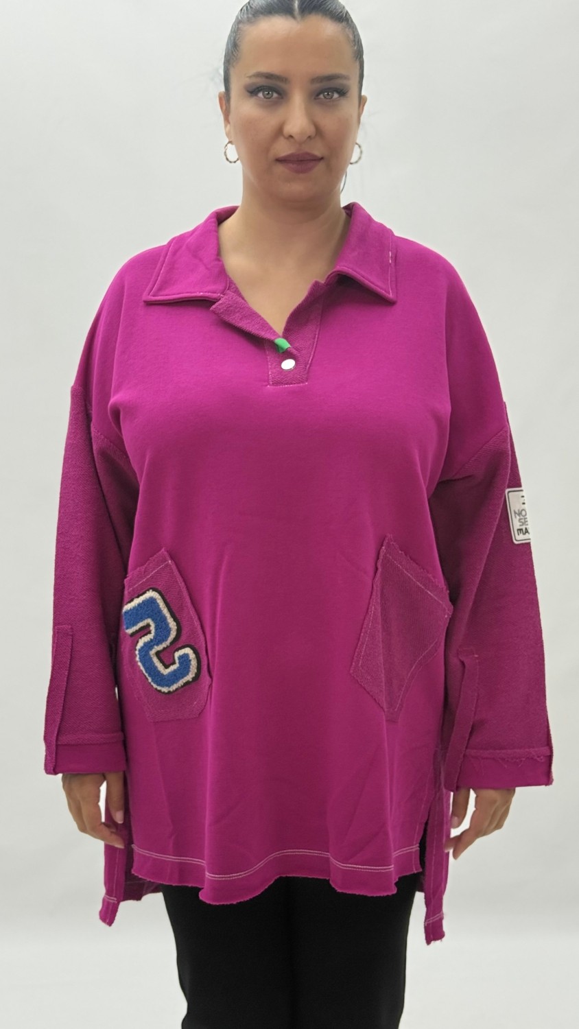 AlanyaXXL Büyük Beden Yakalı Cepli Sloganlı Uzun Kol Oversize Viskon Kadın Tunik Sweatshirt