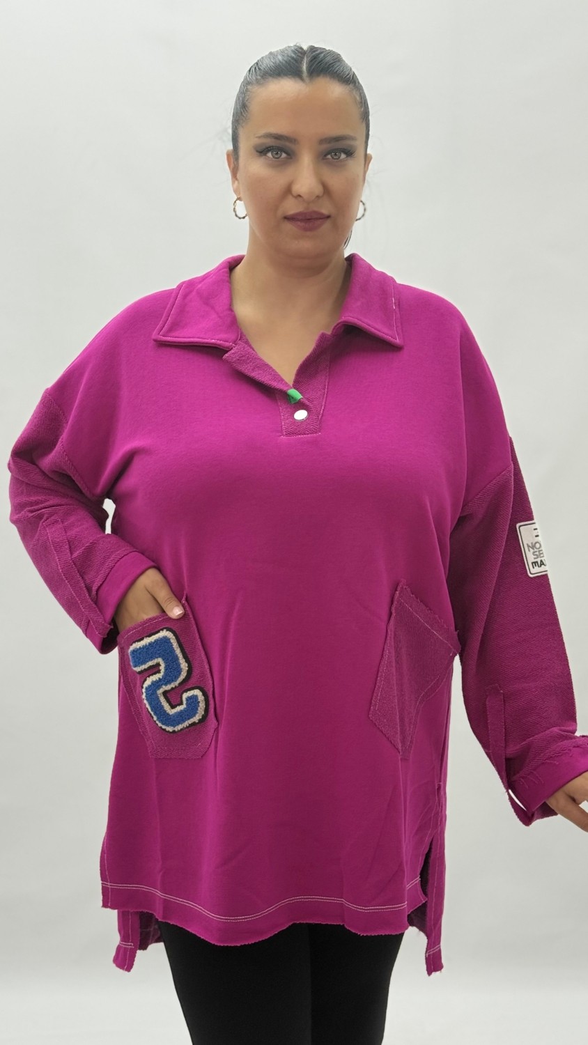 AlanyaXXL Büyük Beden Yakalı Cepli Sloganlı Uzun Kol Oversize Viskon Kadın Tunik Sweatshirt görsel 2