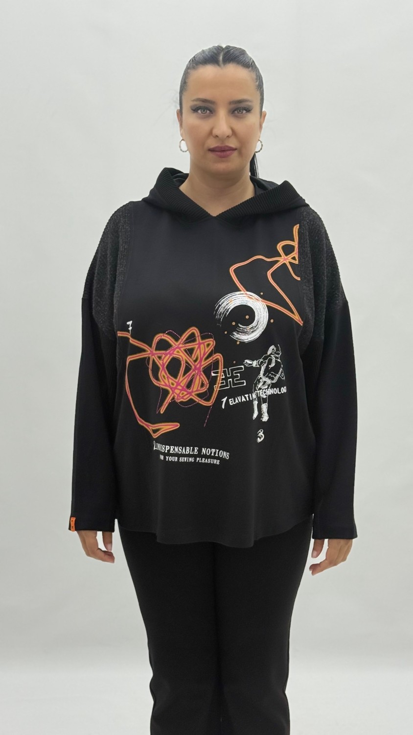 AlanyaXXL Büyük Beden Kapüşonlu Taşlı Uzun Kol Oversize Kadın Sweatshirt