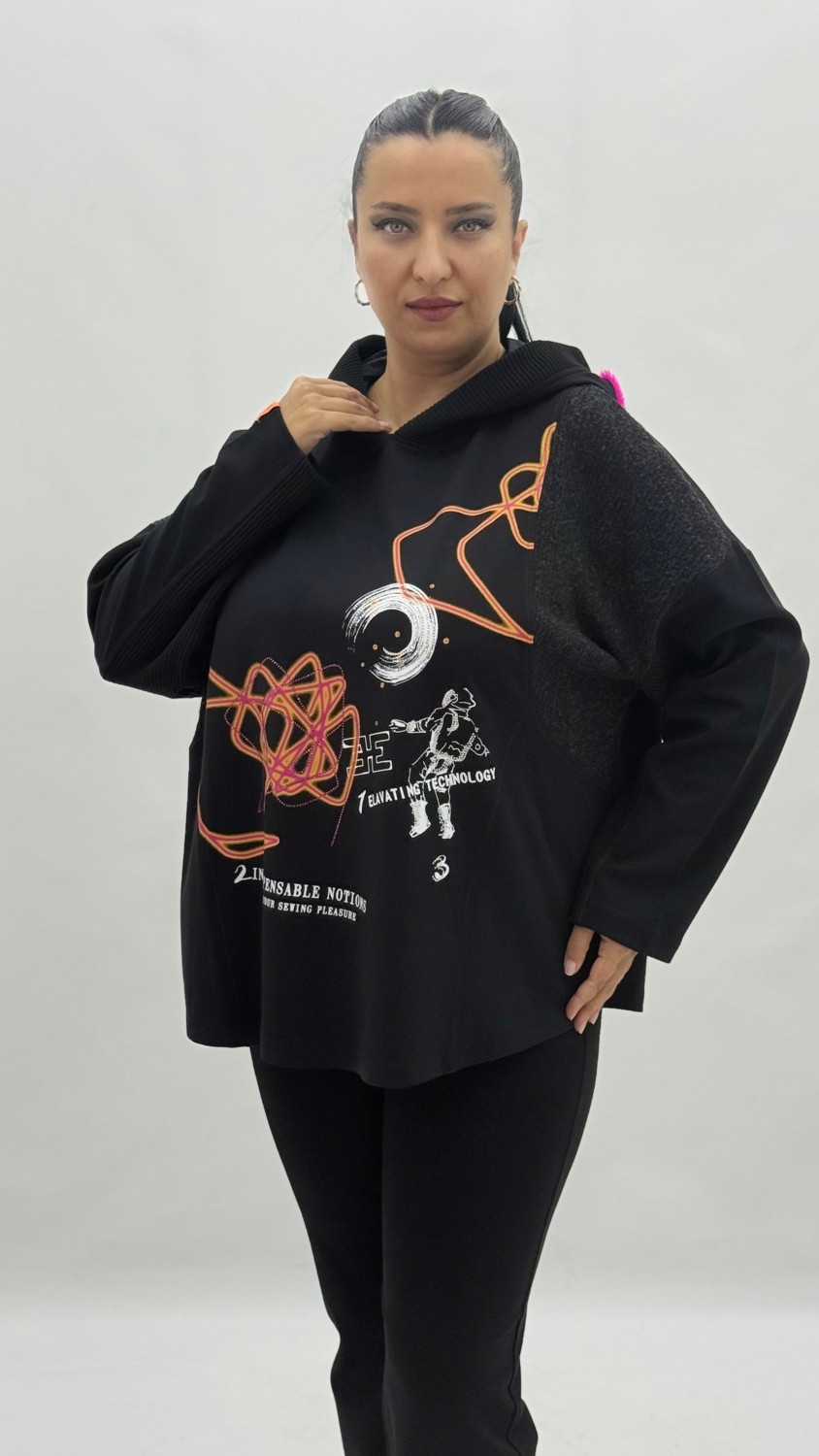 AlanyaXXL Büyük Beden Kapüşonlu Taşlı Uzun Kol Oversize Kadın Sweatshirt görsel 2