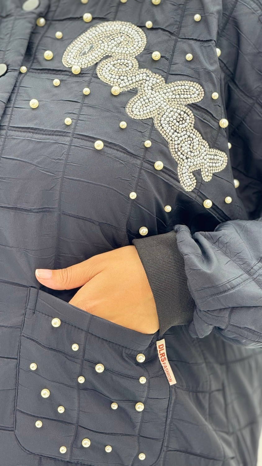 AlanyaXXL Büyük Beden Düğmeli Cepli Kapitone Incili Taş Detaylı Uzun Kol Oversize Kadın Ceket görsel 5