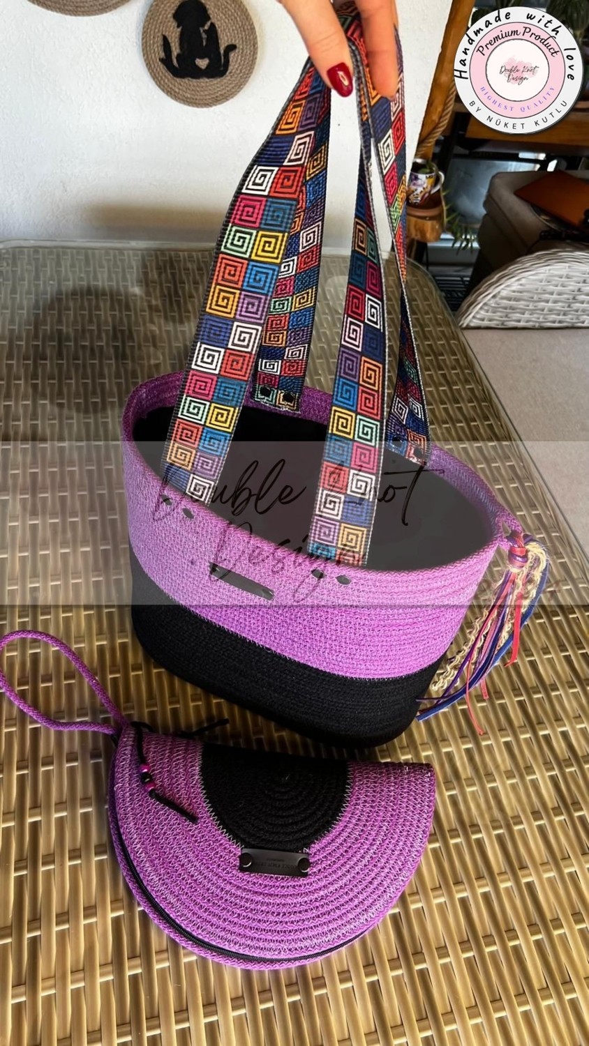 Double Knot Design Gypsy 2li Takım Plaj Çantası , El Çantası Clutch, Totebag, Kadın, Yazlık Çanta görsel 2