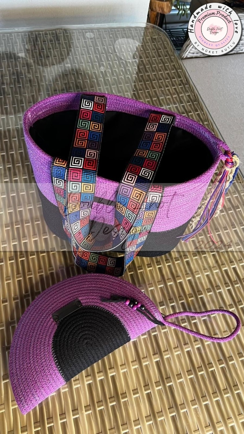 Double Knot Design Gypsy 2li Takım Plaj Çantası , El Çantası Clutch, Totebag, Kadın, Yazlık Çanta görsel 3