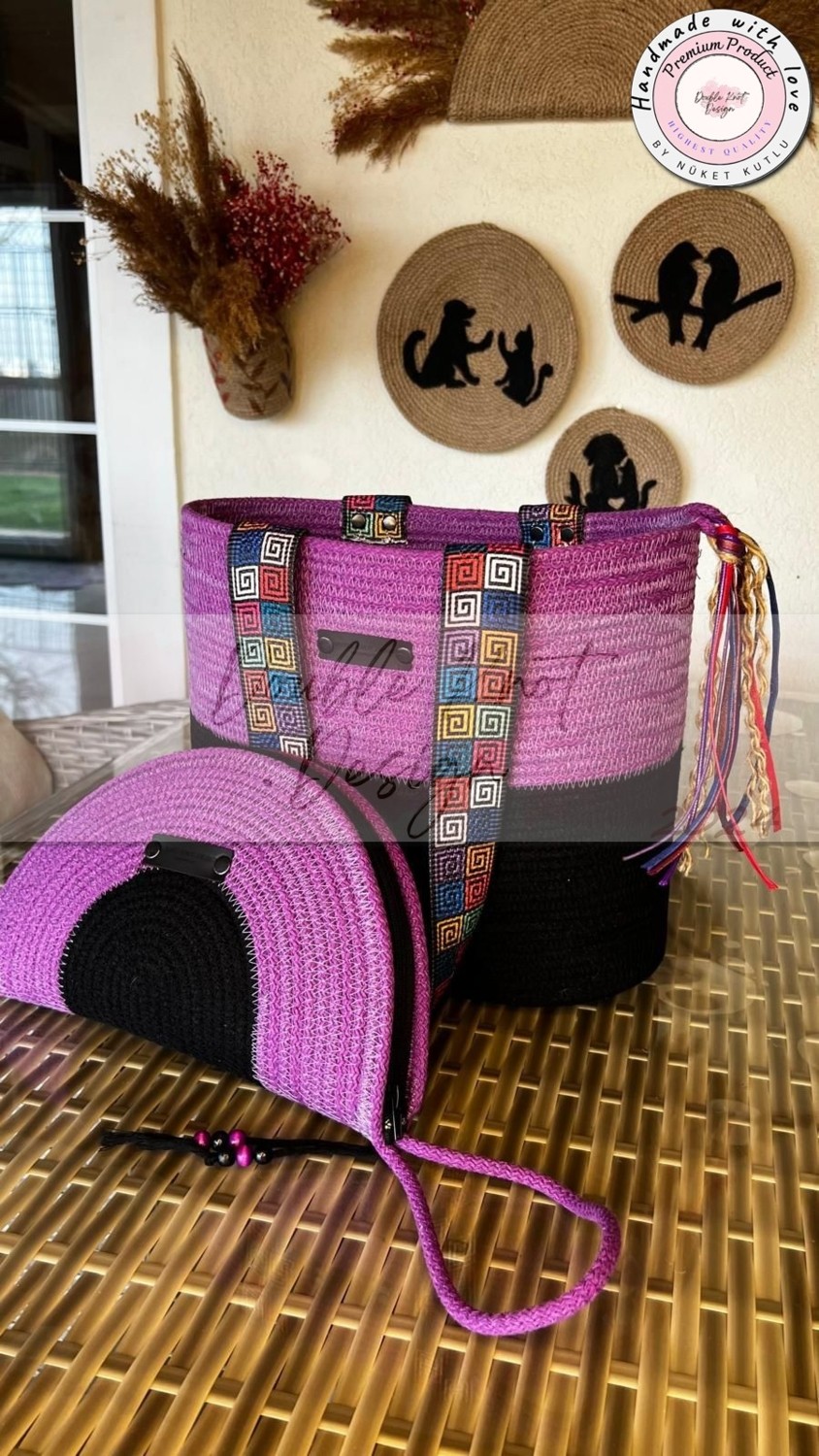 Double Knot Design Gypsy 2li Takım Plaj Çantası , El Çantası Clutch, Totebag, Kadın, Yazlık Çanta görsel 4