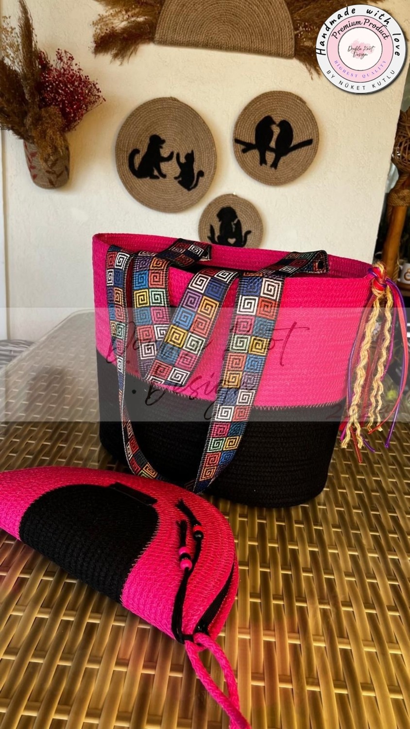 Double Knot Design Gypsy 2li Takım Plaj Çantası , El Çantası Clutch, Totebag, Kadın, Yazlık Çanta görsel 7