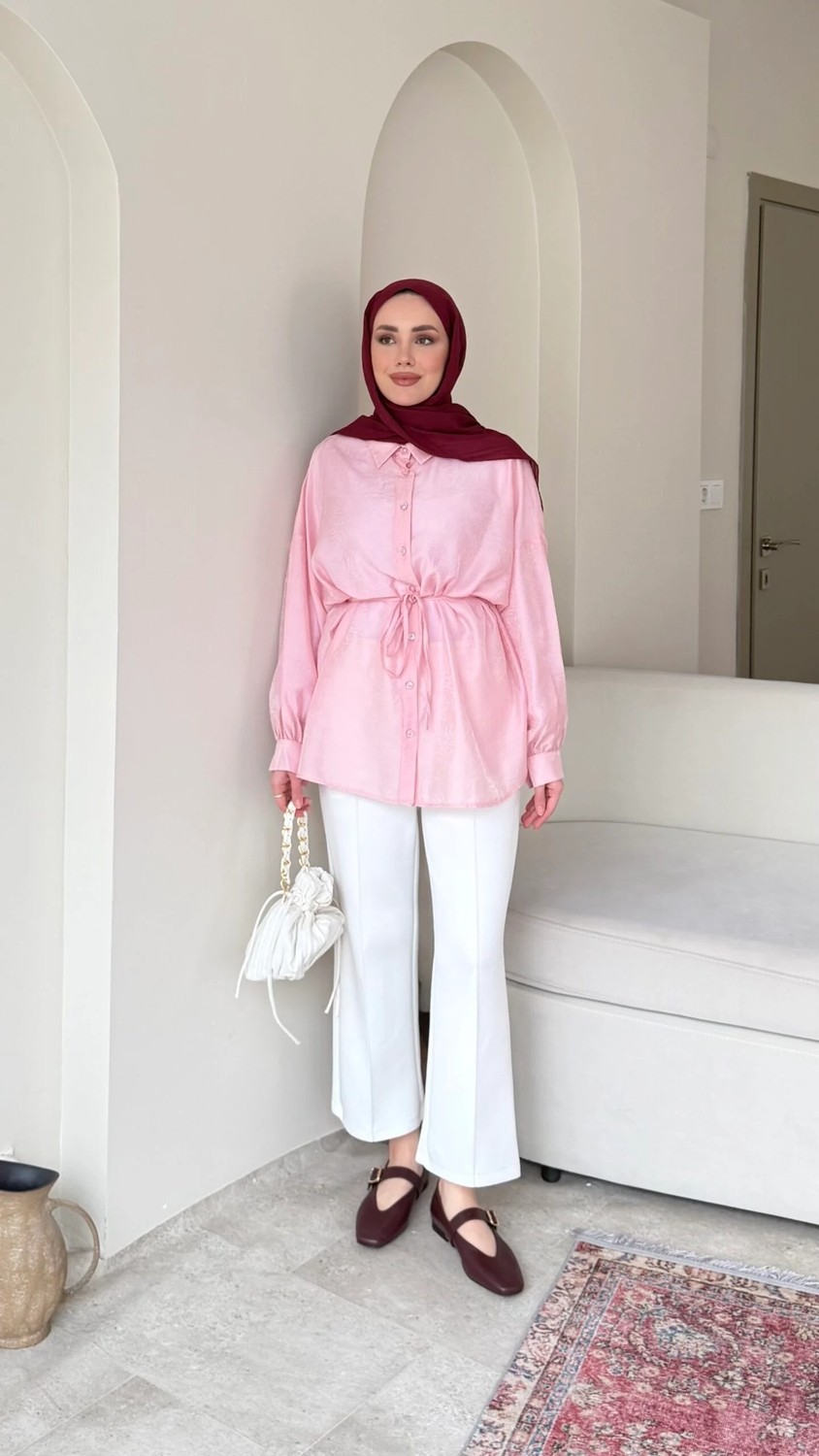 Miraydin Butik Kadın Bel Bağlamalı Tesettür Gömlek M1980 - Pembe