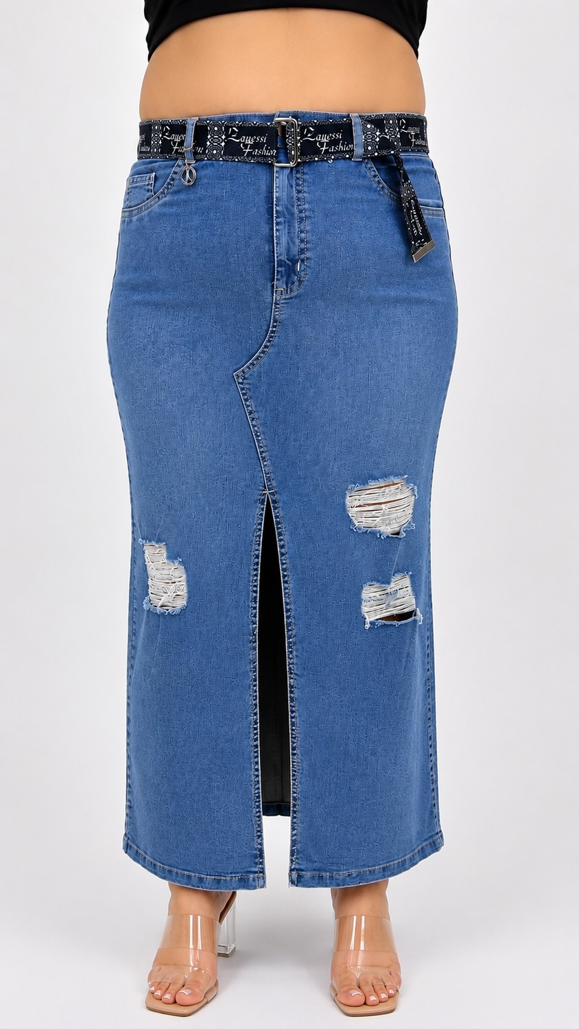 Zanessi Büyük Beden Denim Kemerli Yırtmaçlı Kalem Etek