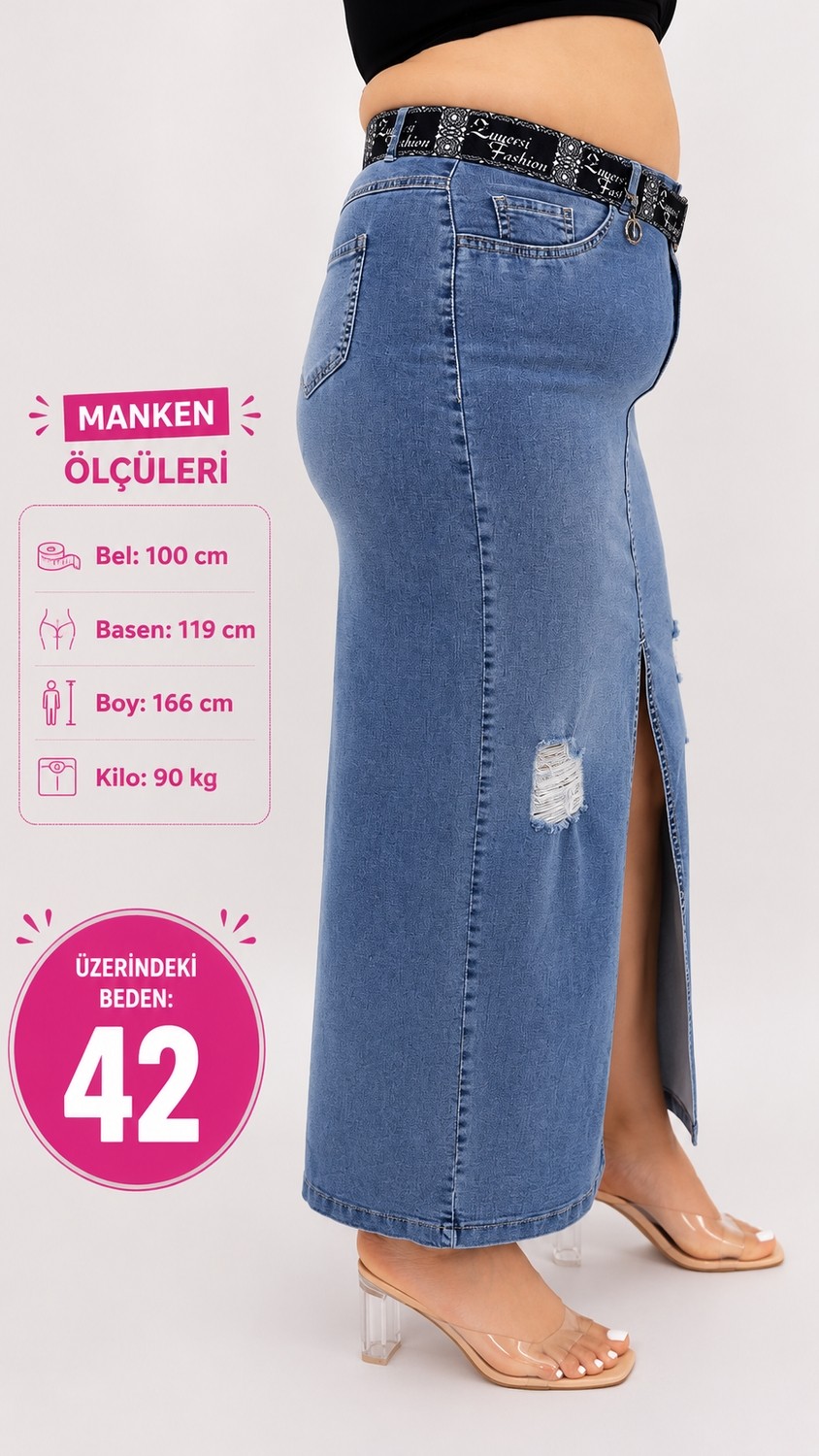 Zanessi Büyük Beden Denim Kemerli Yırtmaçlı Kalem Etek görsel 2