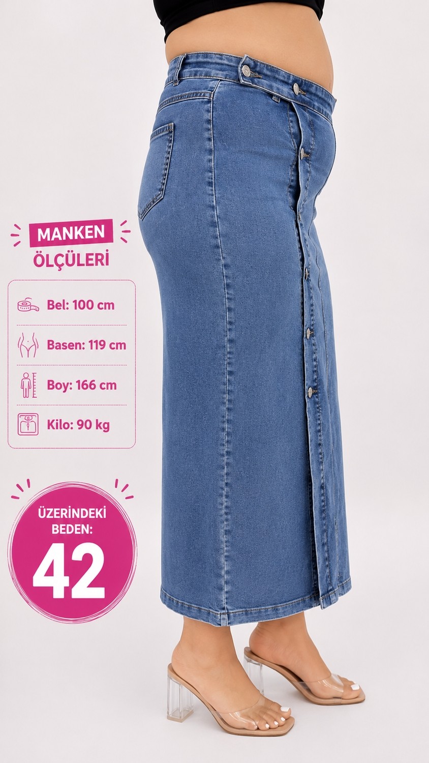 Zanessi Büyük Beden Denim Düğmeli Kalem Etek görsel 2