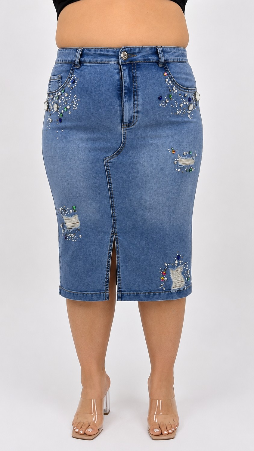 Zanessi Büyük Beden Denim Taşlı Kalem Etek