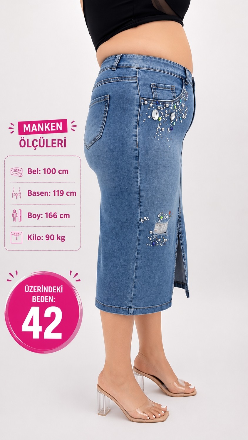 Zanessi Büyük Beden Denim Taşlı Kalem Etek görsel 2