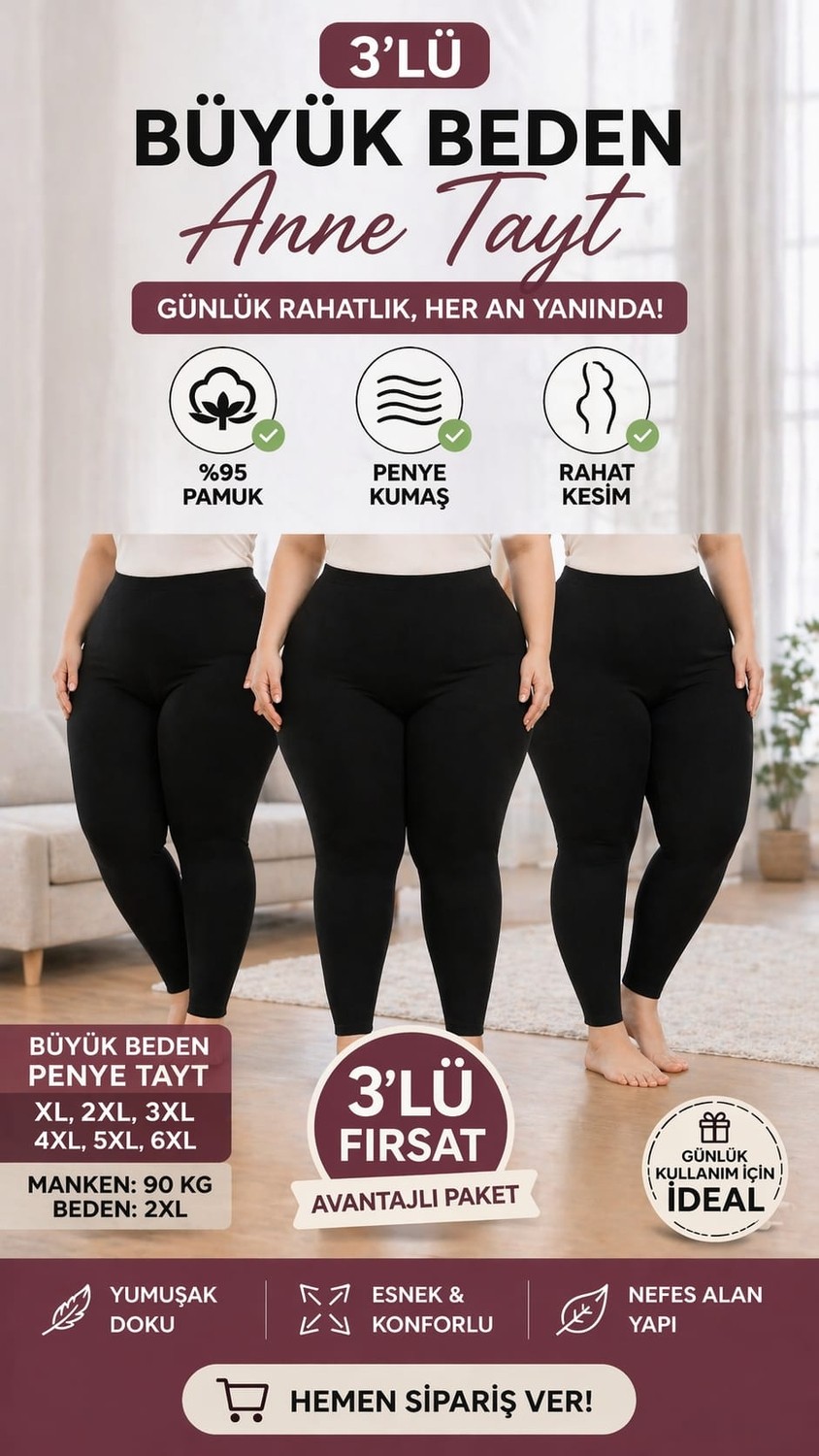 Medament 3’lü Büyük Beden Anne Penye Tayt, Gün Boyu Rahatlık & Avantajlı Paket