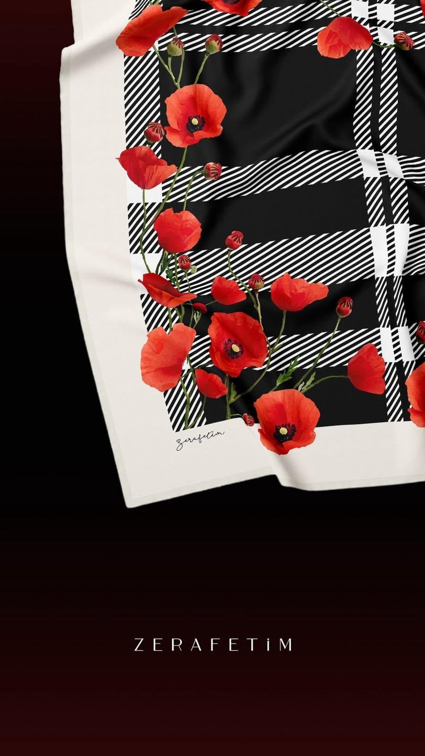 Zerafetim Twill Ipek Eşarp Siyah Ekose Gelincik Detaylı