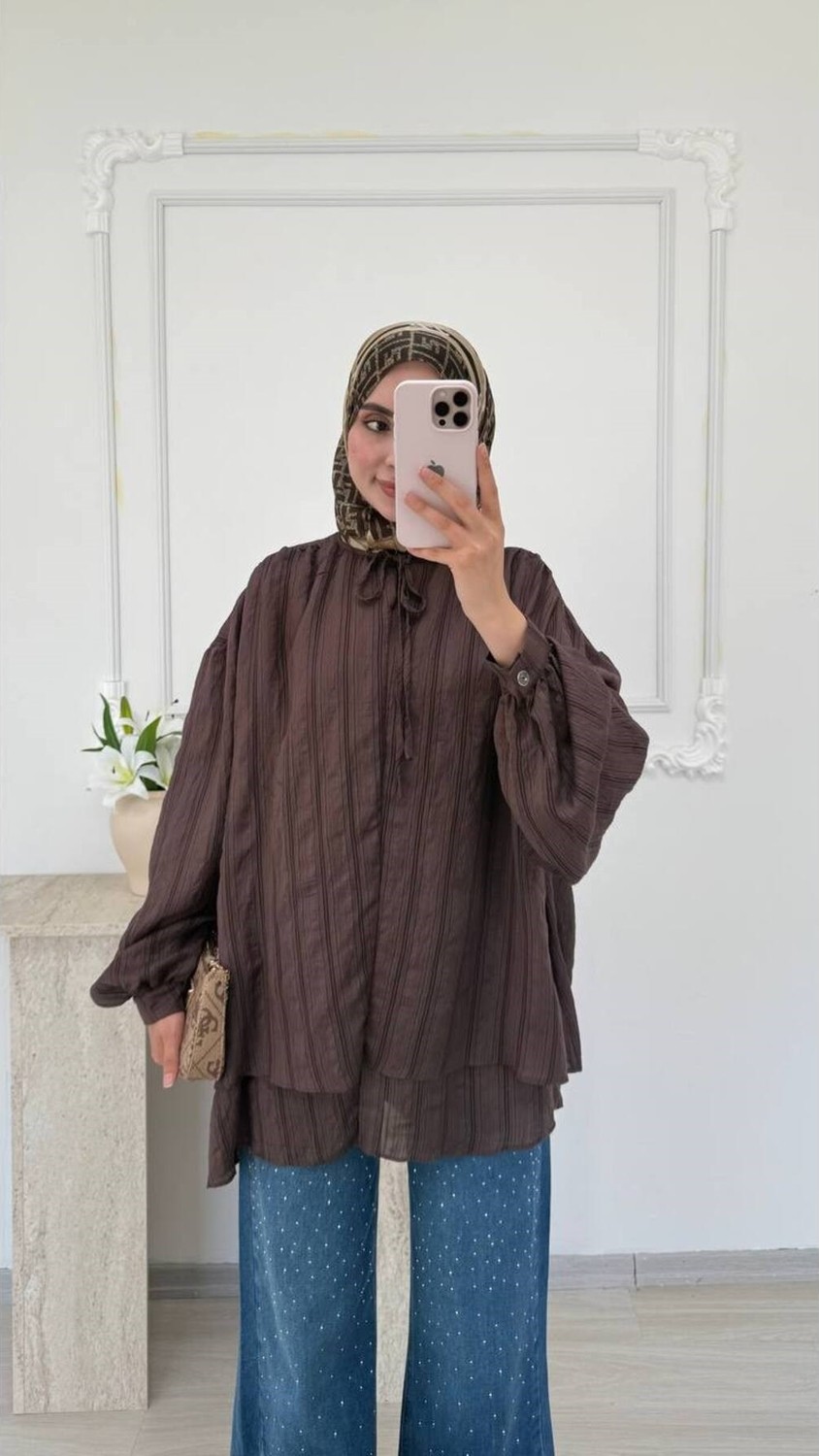 Salisburys Kadın Yakası Bağcıklı Çizgili Tasarım Vual Gömlek görsel 7