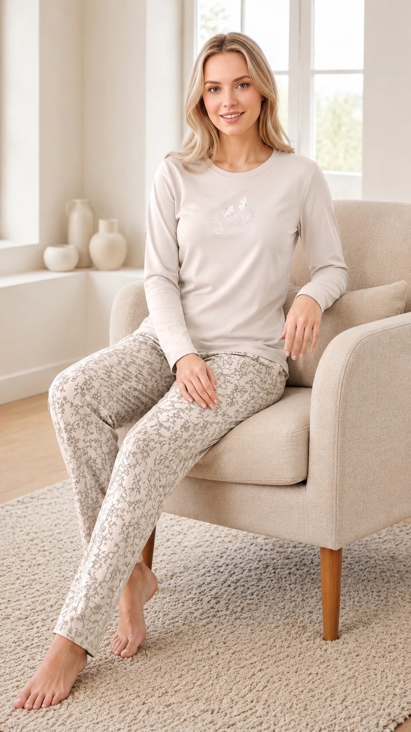 Flz Kadın Viskon Pijama Takımı Kışlık Uzun Kollu Bisiklet Yaka Desenli Rahat Pijama M L Xl Xxl 89-157