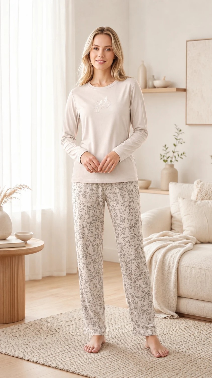 Flz Kadın Viskon Pijama Takımı Kışlık Uzun Kollu Bisiklet Yaka Desenli Rahat Pijama M L Xl Xxl 89-157 görsel 2