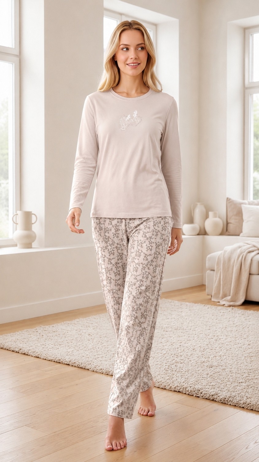 Flz Kadın Viskon Pijama Takımı Kışlık Uzun Kollu Bisiklet Yaka Desenli Rahat Pijama M L Xl Xxl 89-157 görsel 4