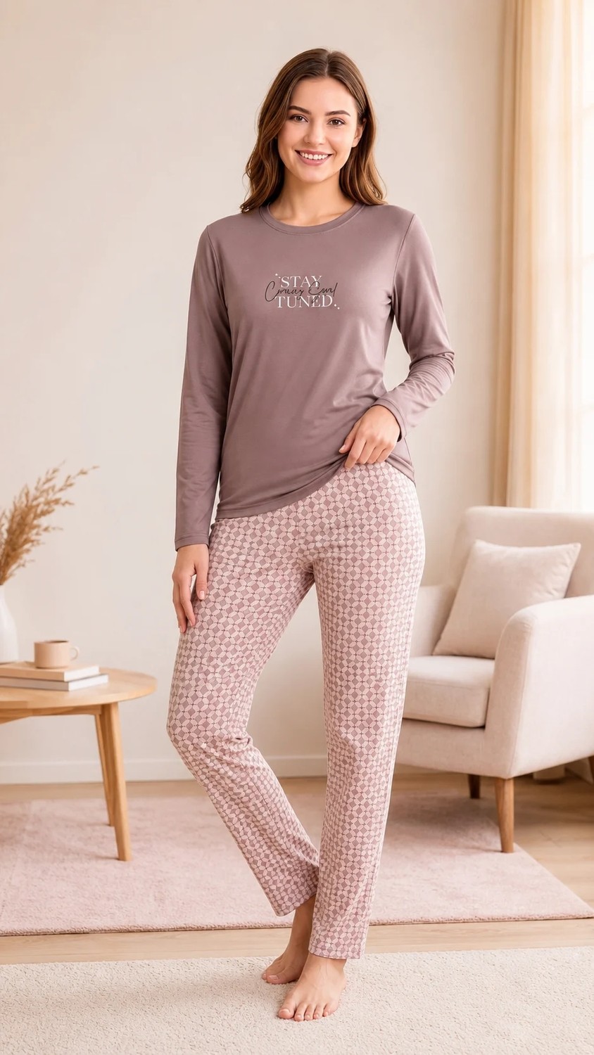 Flz Kadın Kışlık Viskon Pijama Takımı Uzun Kollu Bisiklet Yaka Desenli Pantolon M L Xl Xxl 89-160 görsel 6