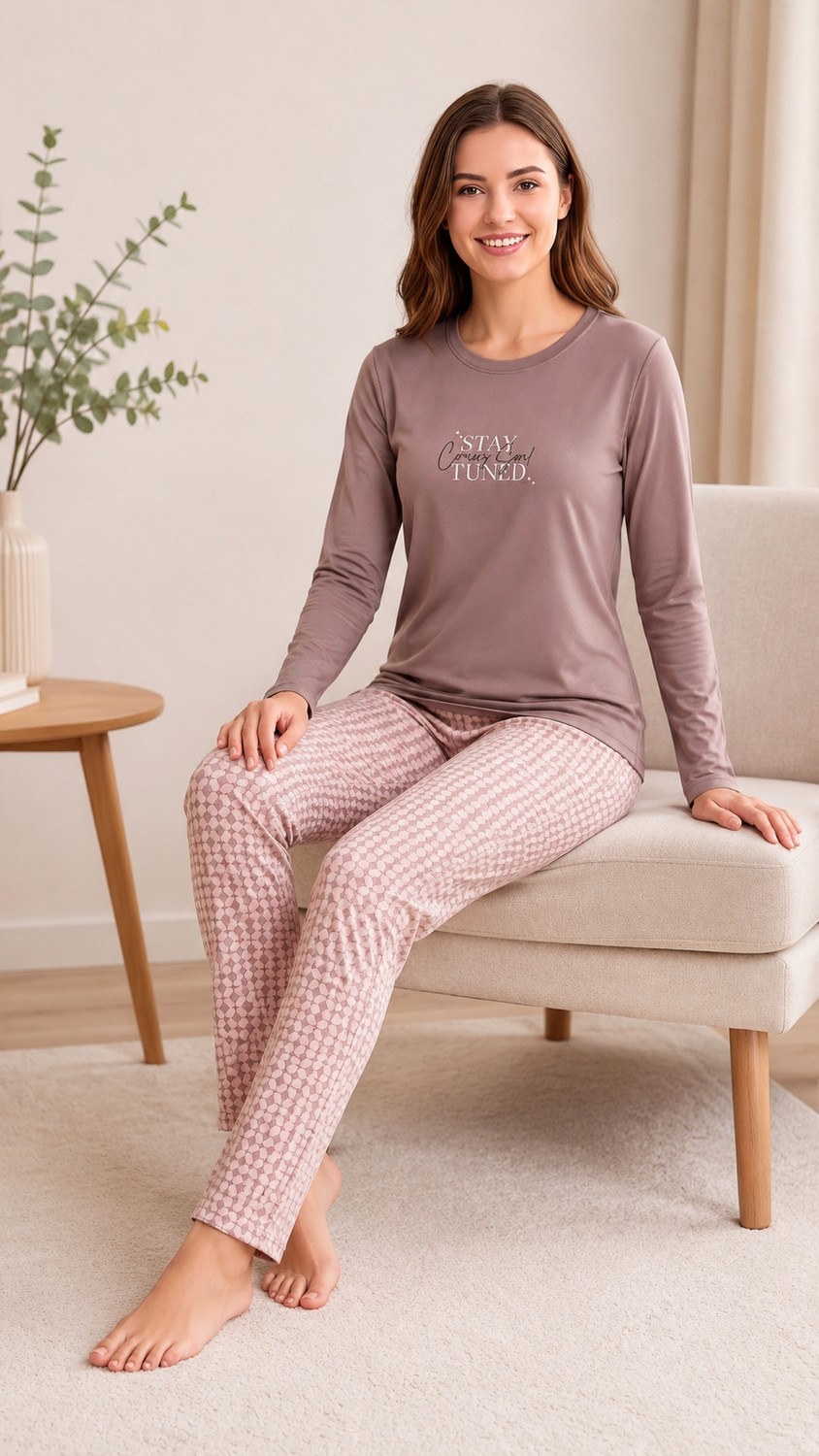 Flz Kadın Kışlık Viskon Pijama Takımı Uzun Kollu Bisiklet Yaka Desenli Pantolon M L Xl Xxl 89-160 görsel 7