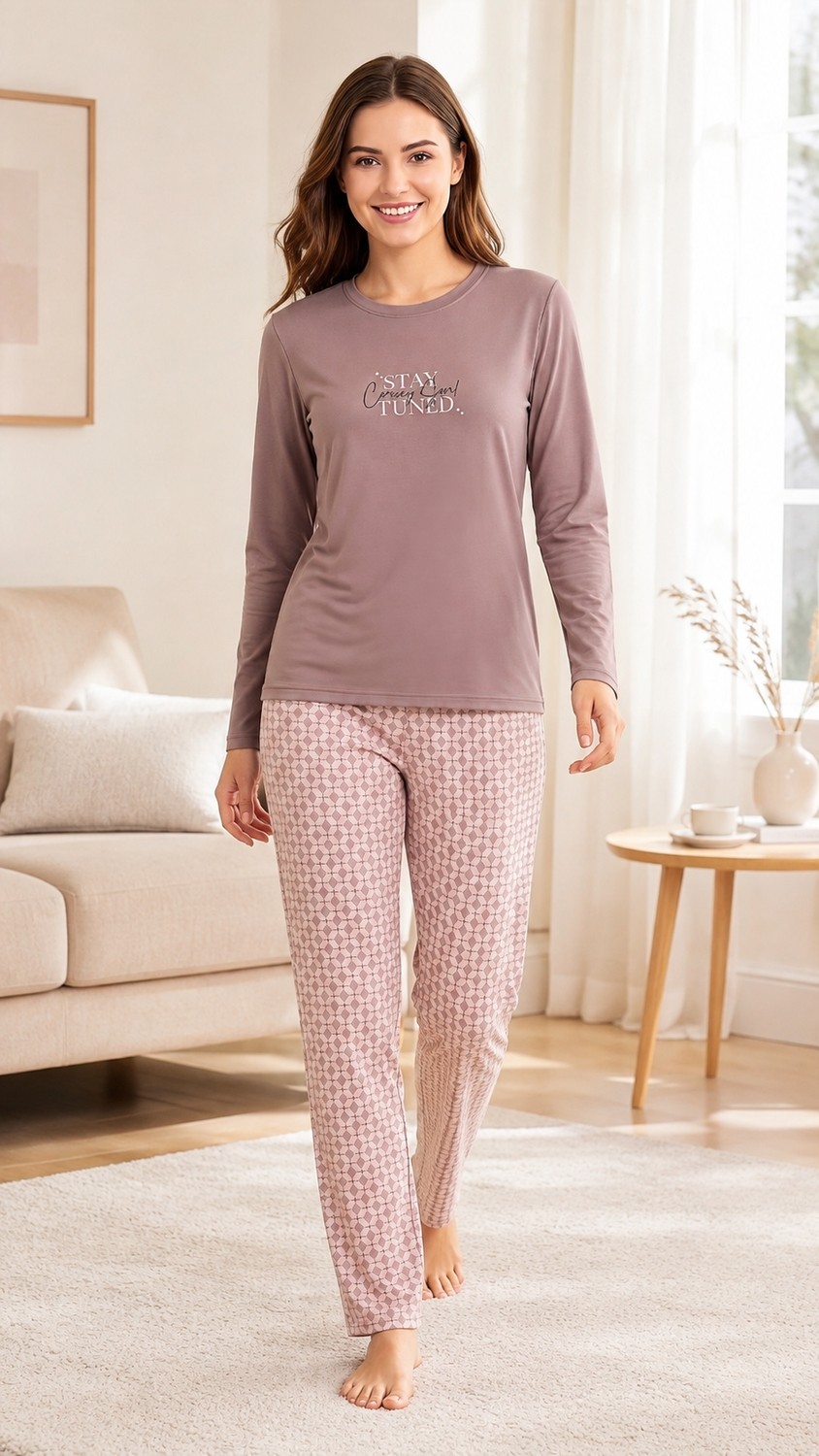Flz Kadın Kışlık Viskon Pijama Takımı Uzun Kollu Bisiklet Yaka Desenli Pantolon M L Xl Xxl 89-160 görsel 8