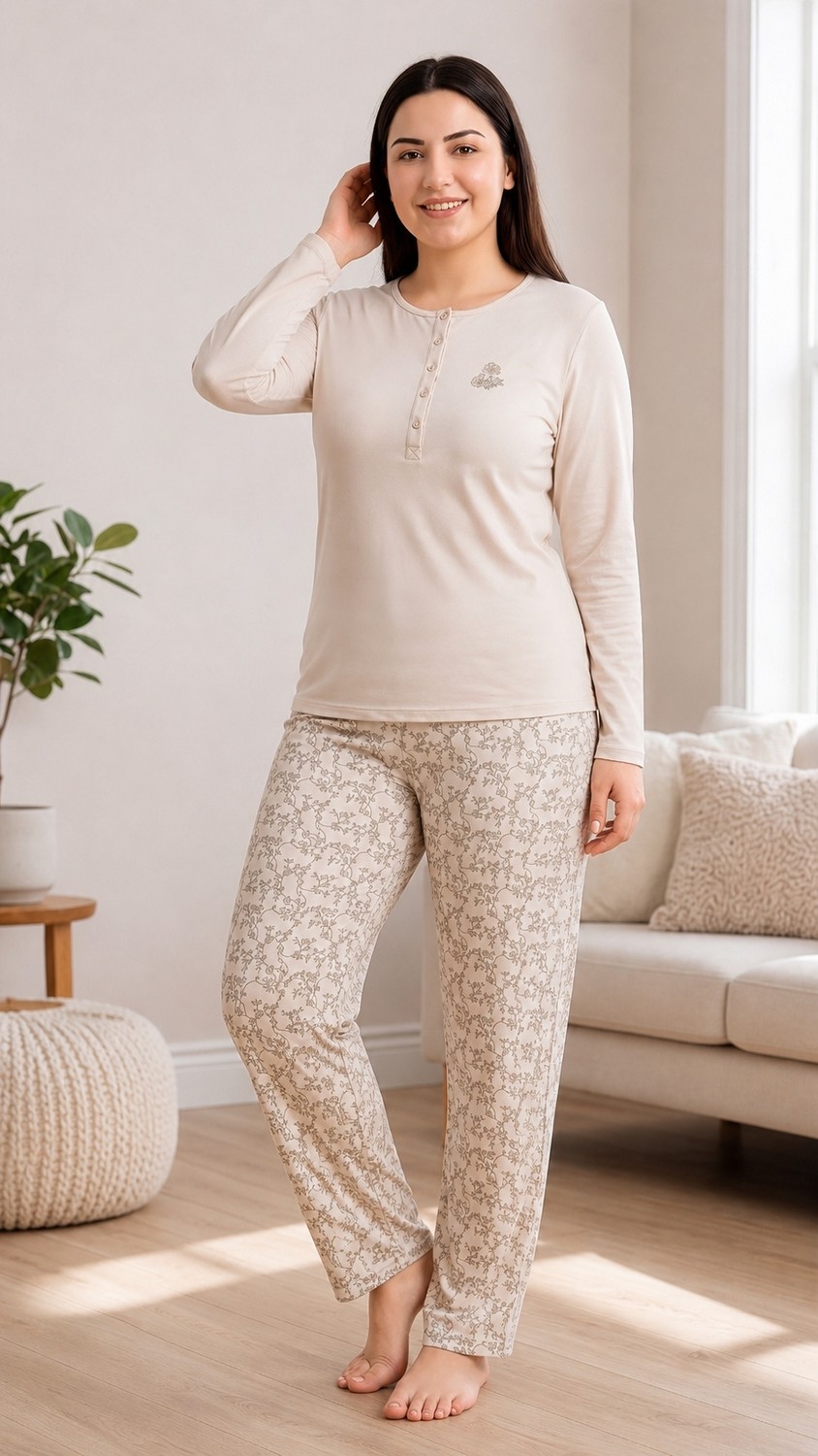 Flz Kadın Kışlık Viskon Pijama Takımı M L Xl Xxl | Uzun Kollu Boydan Düğmeli Şık Ev Giyimı B89-100