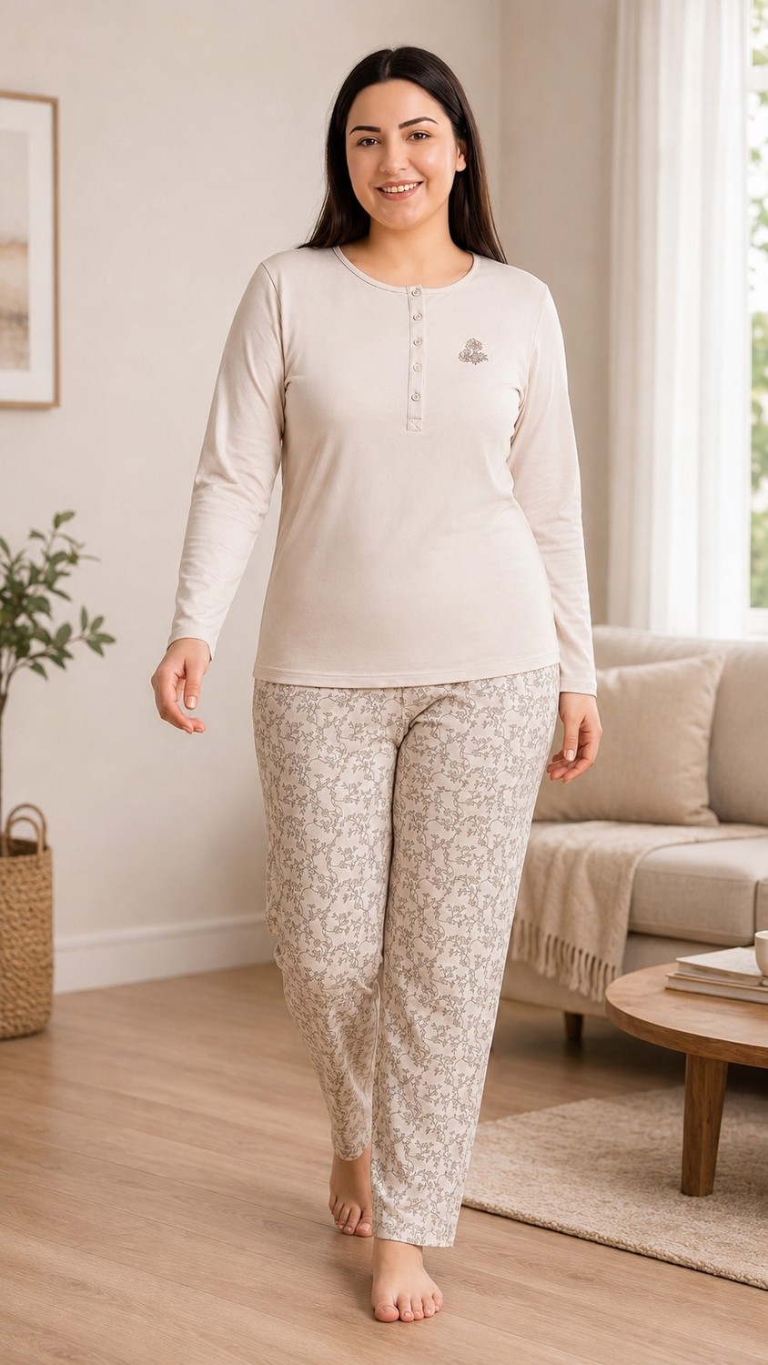 Flz Kadın Kışlık Viskon Pijama Takımı M L Xl Xxl | Uzun Kollu Boydan Düğmeli Şık Ev Giyimı B89-100 görsel 2