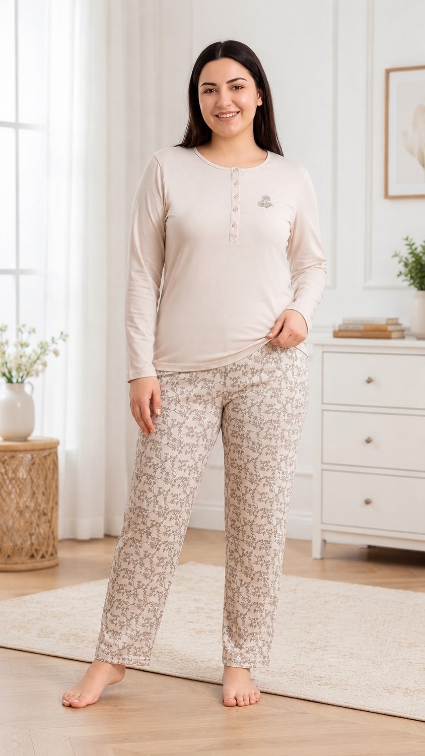Flz Kadın Kışlık Viskon Pijama Takımı M L Xl Xxl | Uzun Kollu Boydan Düğmeli Şık Ev Giyimı B89-100 görsel 3