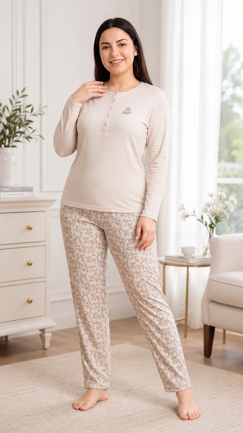 Flz Kadın Kışlık Viskon Pijama Takımı M L Xl Xxl | Uzun Kollu Boydan Düğmeli Şık Ev Giyimı B89-100 görsel 5