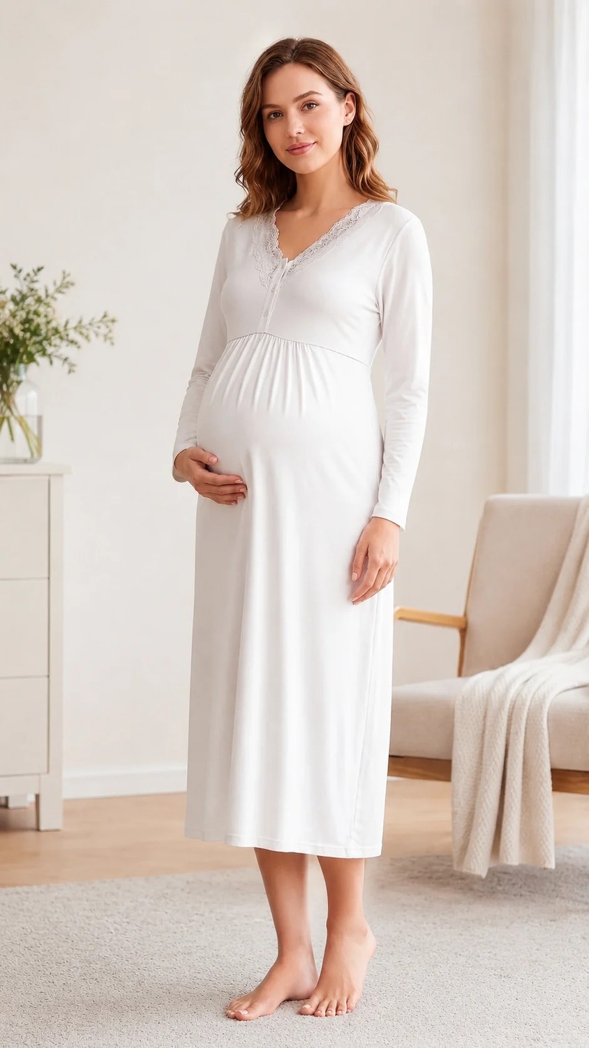 Flz Kadın Hamile Lohusa Viskon Gecelik Mevsimlik Uzun Kollu Dantelli Emzirme Detaylı M L Xl Xxl 23-60 görsel 3