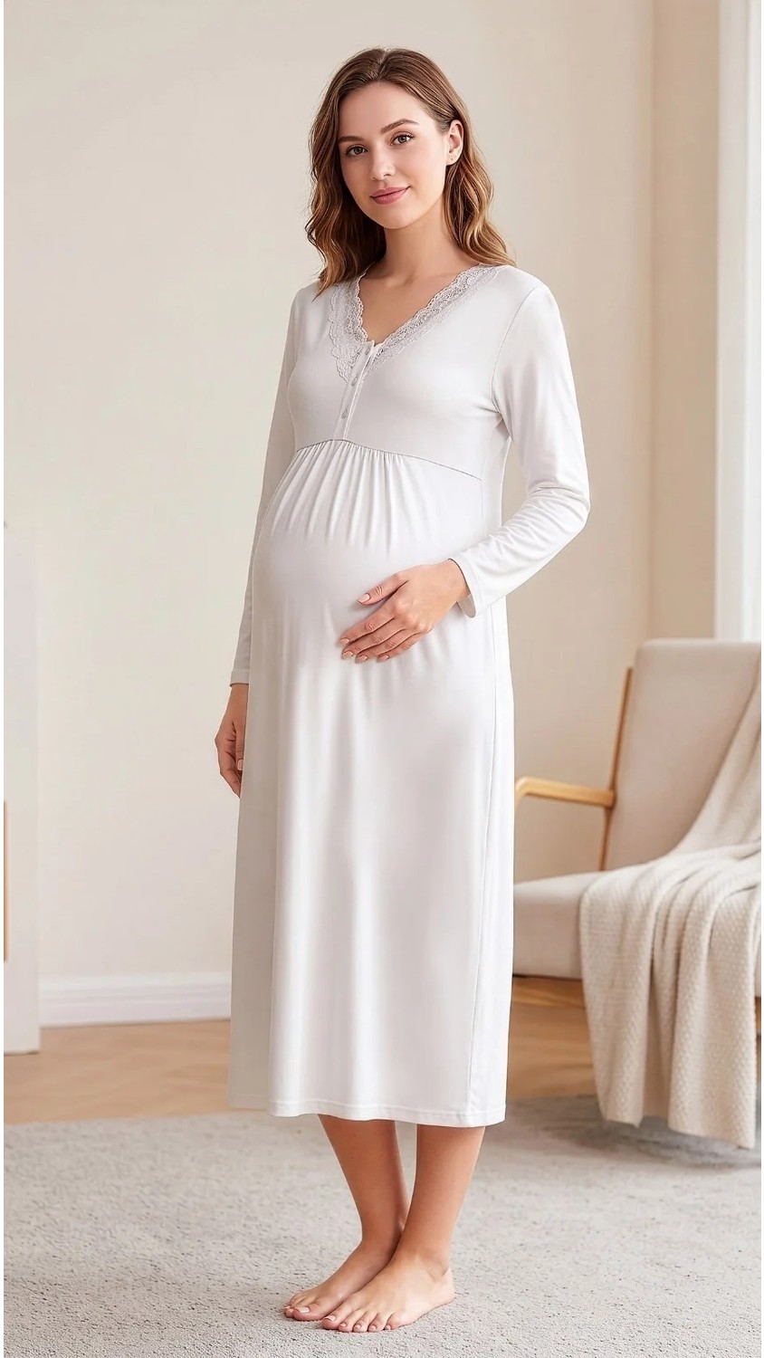 Flz Kadın Hamile Lohusa Viskon Gecelik Mevsimlik Uzun Kollu Dantelli Emzirme Detaylı M L Xl Xxl 23-60 görsel 4