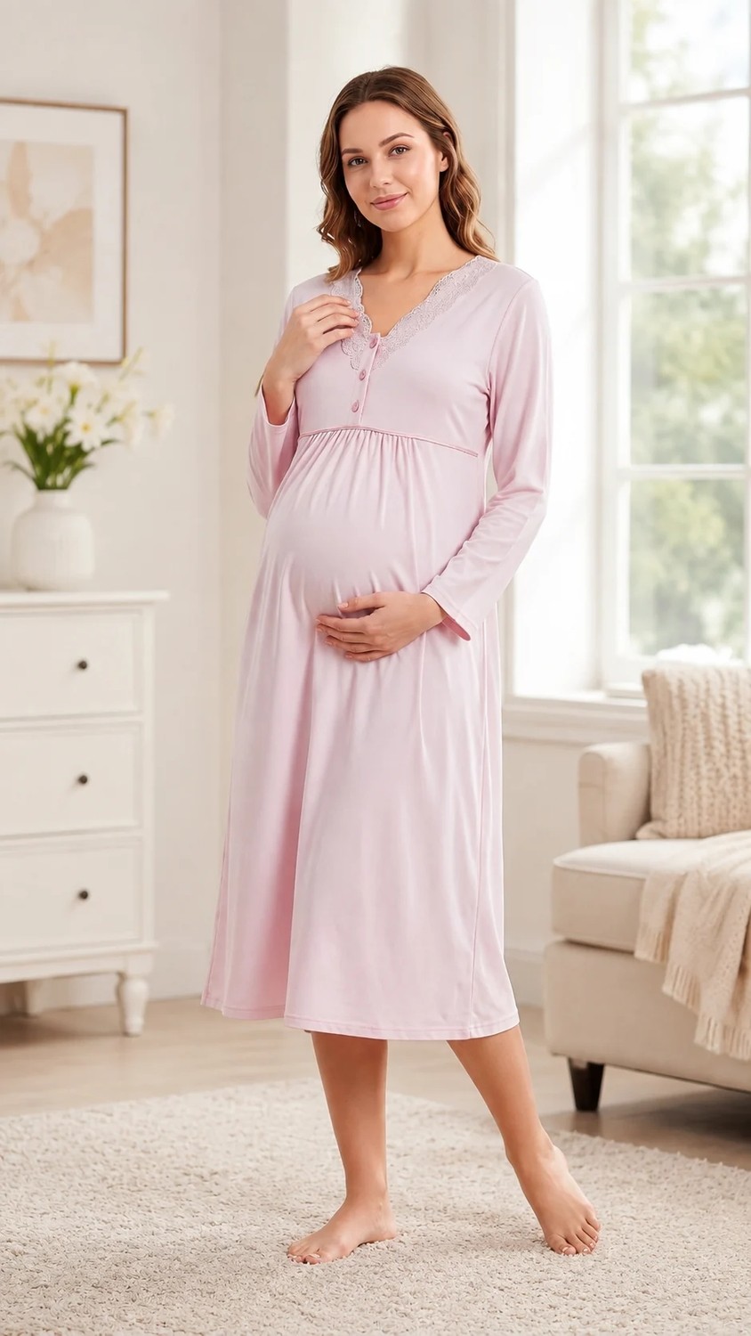 Flz Kadın Hamile Lohusa Viskon Gecelik Mevsimlik Uzun Kollu Dantelli Emzirme Detaylı M L Xl Xxl 23-60