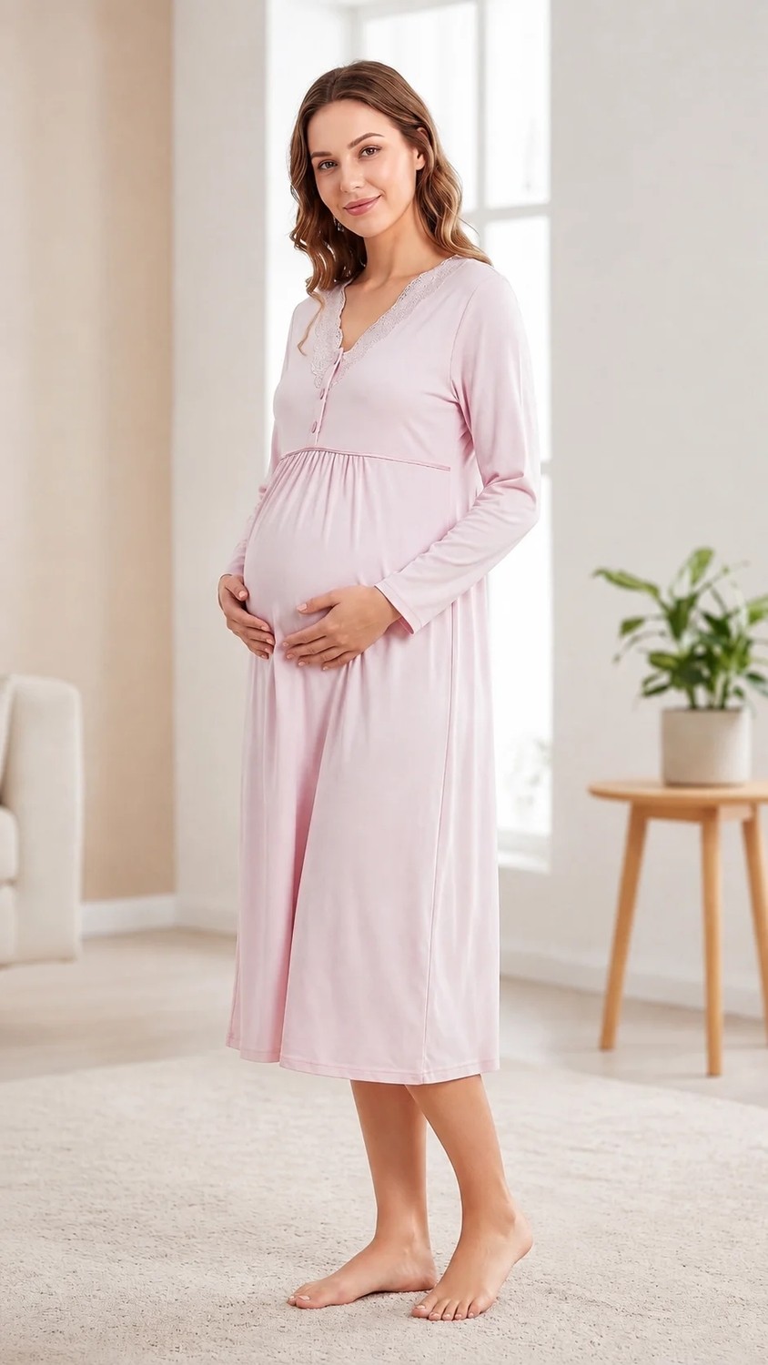 Flz Kadın Hamile Lohusa Viskon Gecelik Mevsimlik Uzun Kollu Dantelli Emzirme Detaylı M L Xl Xxl 23-60 görsel 7