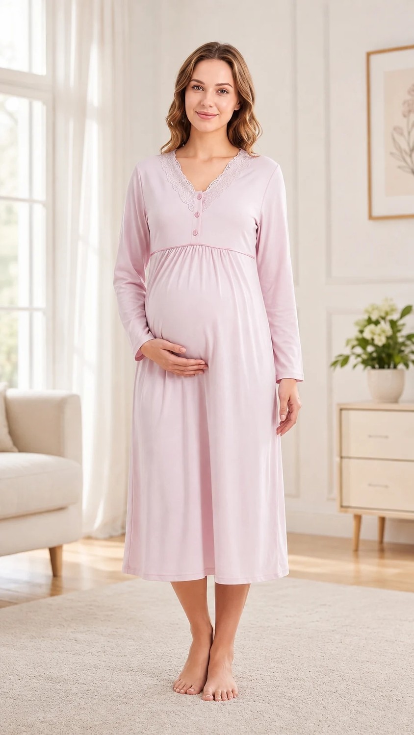 Flz Kadın Hamile Lohusa Viskon Gecelik Mevsimlik Uzun Kollu Dantelli Emzirme Detaylı M L Xl Xxl 23-60 görsel 8