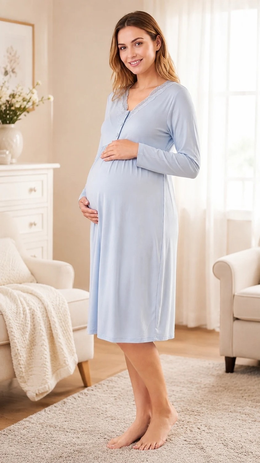 Flz Kadın Hamile Lohusa Viskon Gecelik Mevsimlik Uzun Kollu Dantelli Emzirme Detaylı M L Xl Xxl 23-60