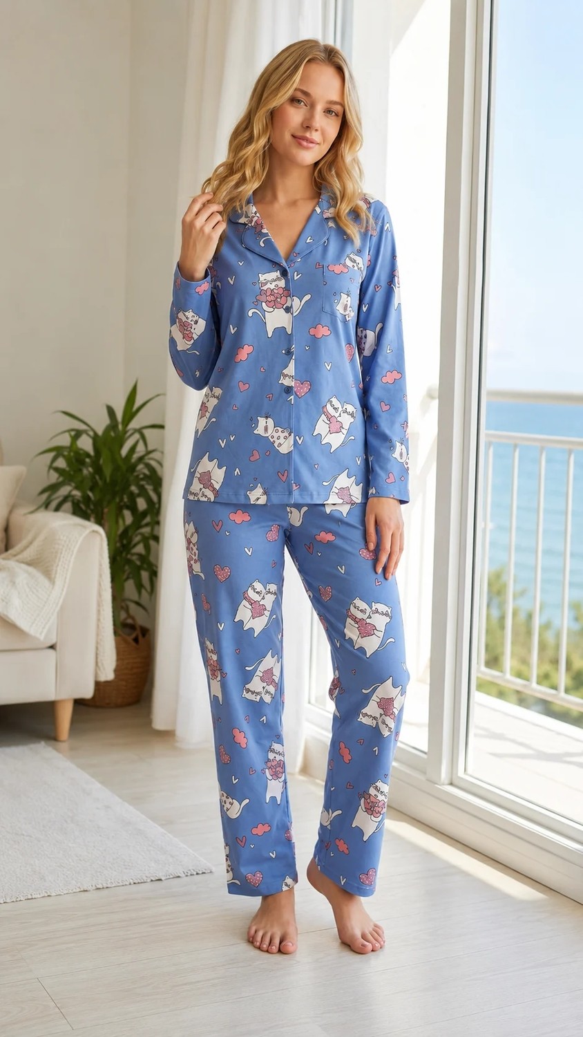 Kadın Viskon Pijama Takımı Mevsimlik Uzun Kollu Boydan Düğmeli Desenli Pijama S M L Xl 79-133 görsel 6
