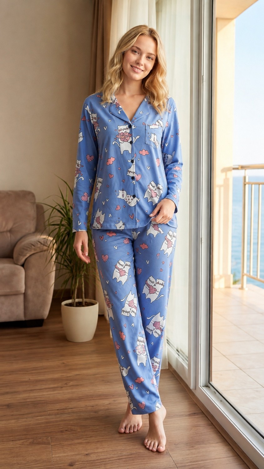 Kadın Viskon Pijama Takımı Mevsimlik Uzun Kollu Boydan Düğmeli Desenli Pijama S M L Xl 79-133 görsel 8