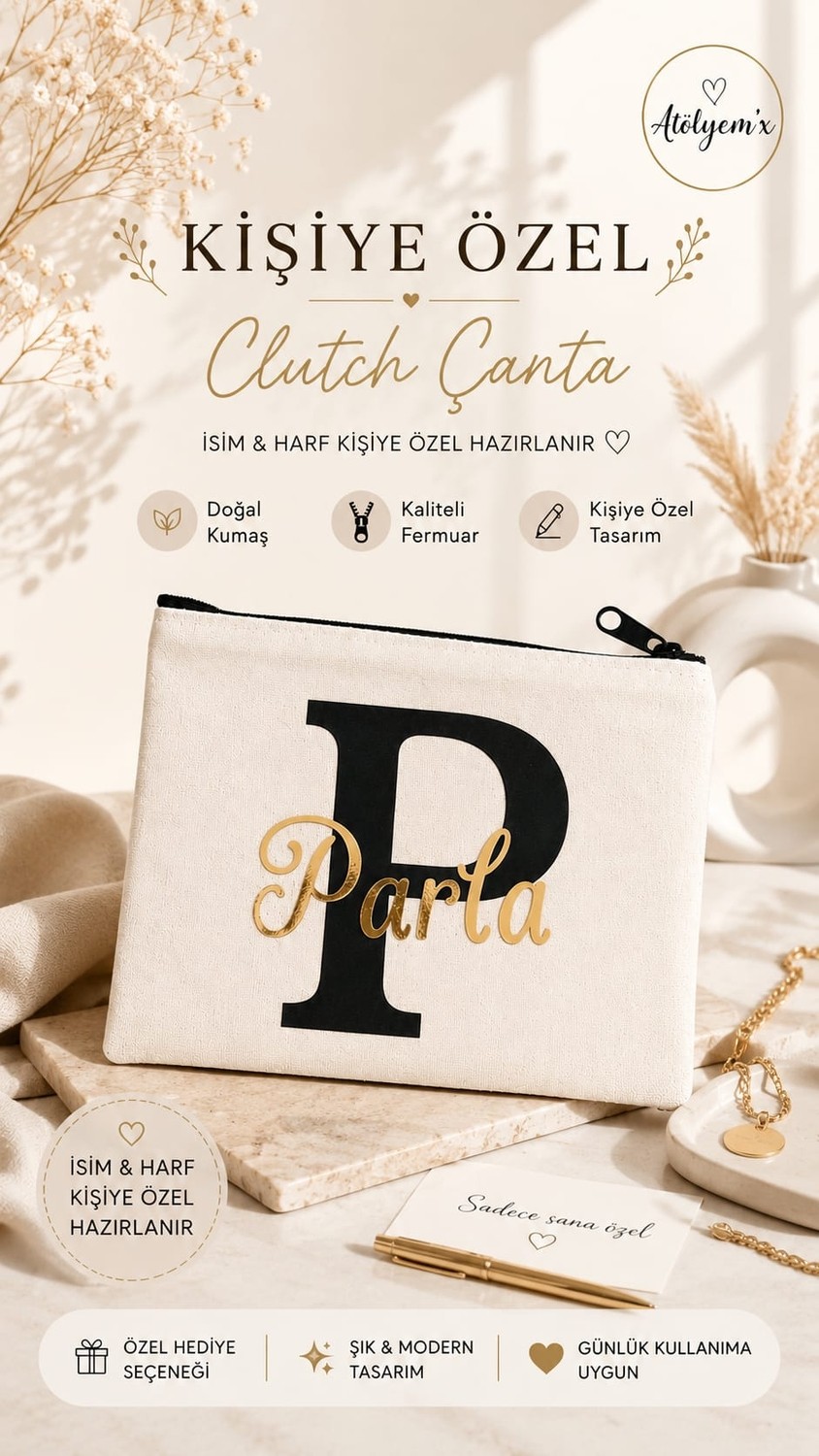 Atölyemix Clutch Çanta Kişiye Özel Tasarım Isim ve Baş Harf Tasarım