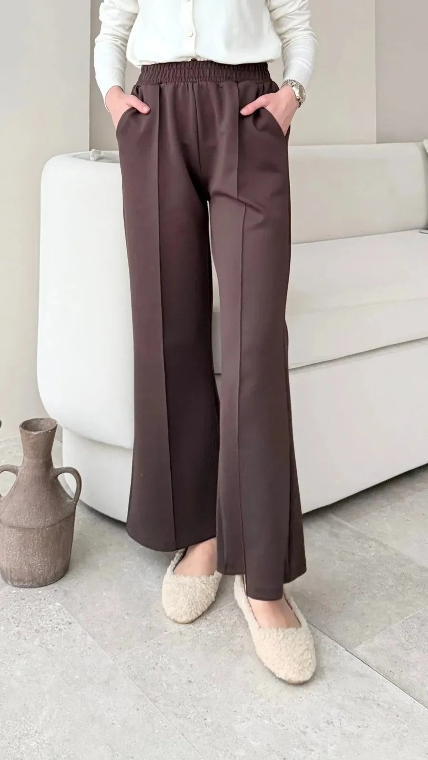 Miraydin Butik Kadın Bol Paça Çımalı Scuba Pantolon M7071 - Kahverengi görsel 2