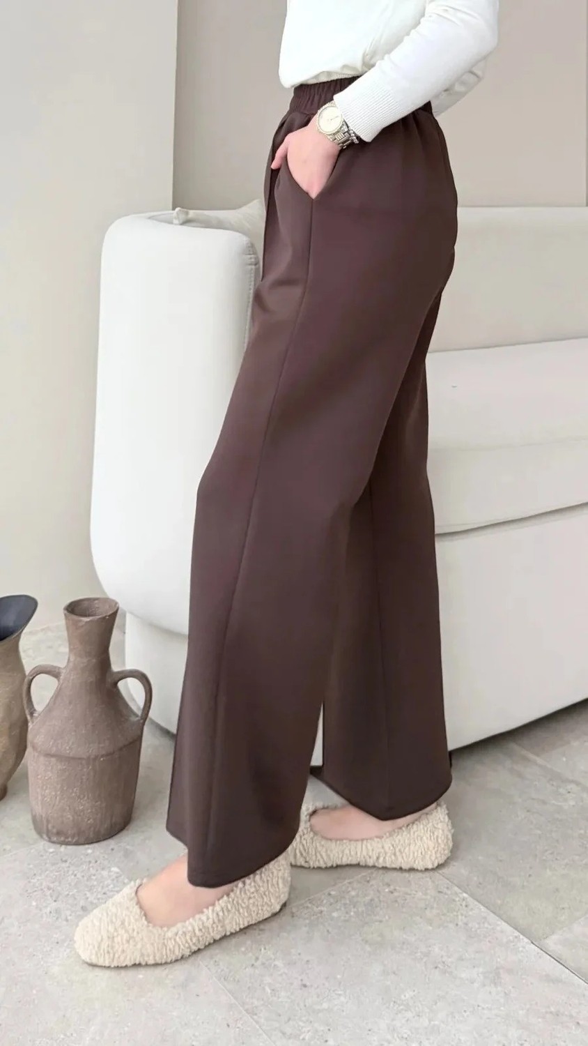 Miraydin Butik Kadın Bol Paça Çımalı Scuba Pantolon M7071 - Kahverengi görsel 3