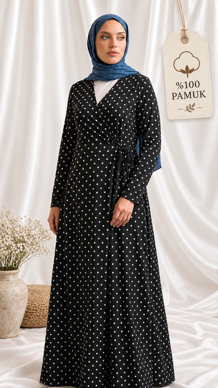 Kutay %100 Pamuklu Puantiye Desenli Kruvaze Namaz Elbisesi görsel 5