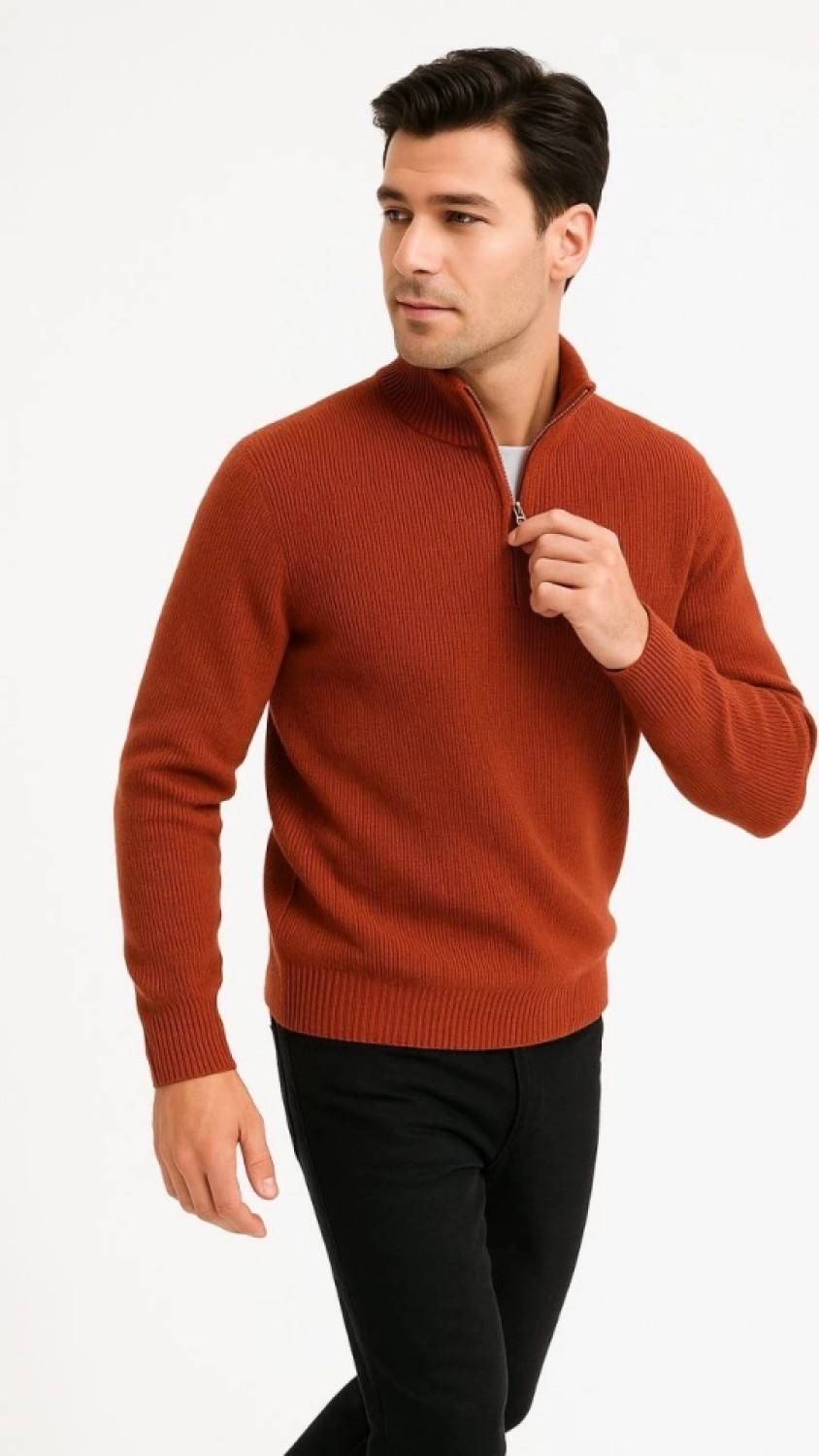 Pileli Store Erkek Yarım Fermuarlı Triko Kazak, Selanik Örgü, Dik Yaka, Pamuklu Dokuma, Regular Fit Uzun Kollu Kışlık Model - Kiremit
