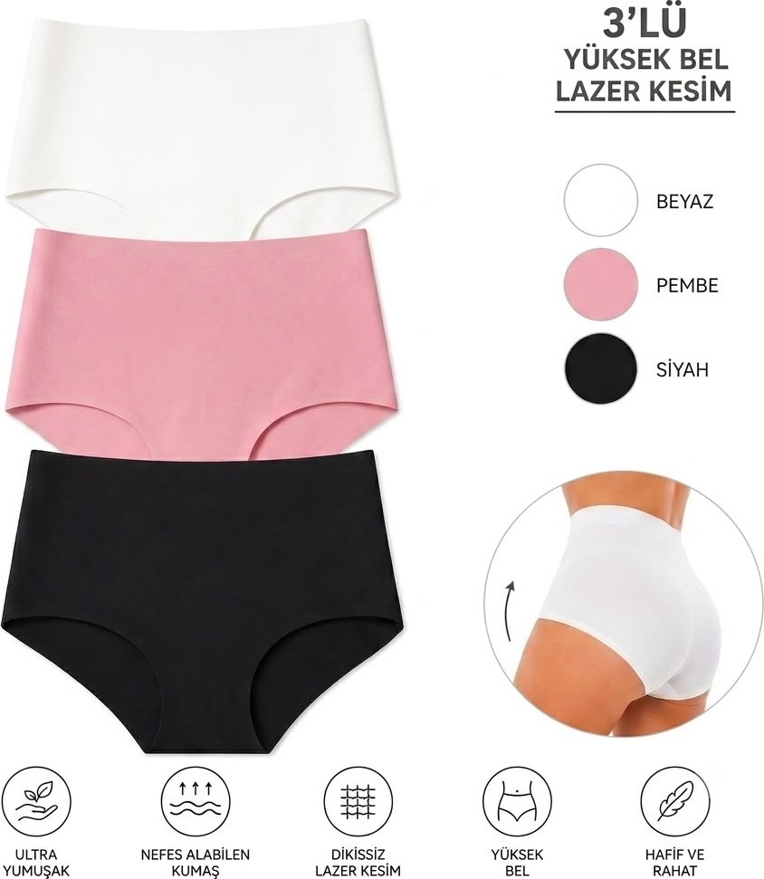 LAMİSA 3 Adet Yüksek Bel Basic Lazer Kesim Bikini Külot