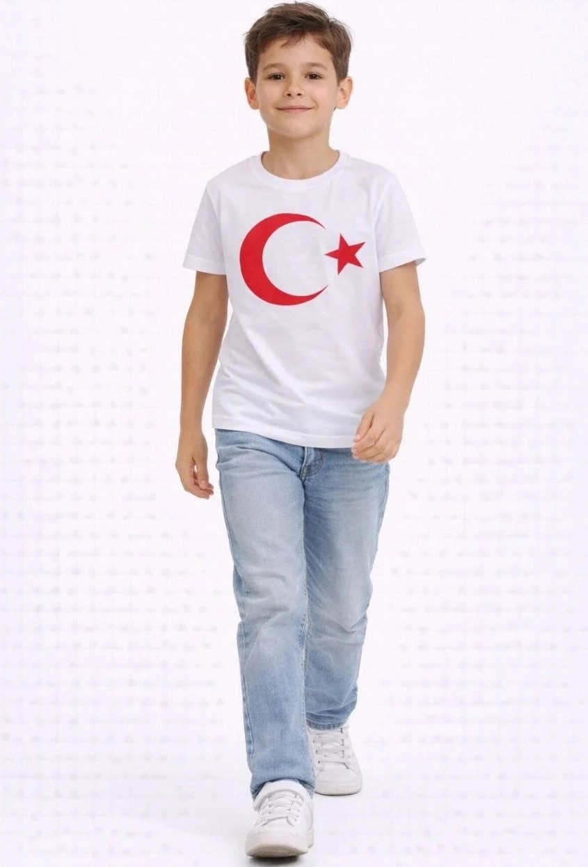 Tarz Yeri Erkek Çocuk Tişört Bisiklet Yaka Ay Yıldız Bayrak Baskılı T-Shirt - Beyaz görsel 2