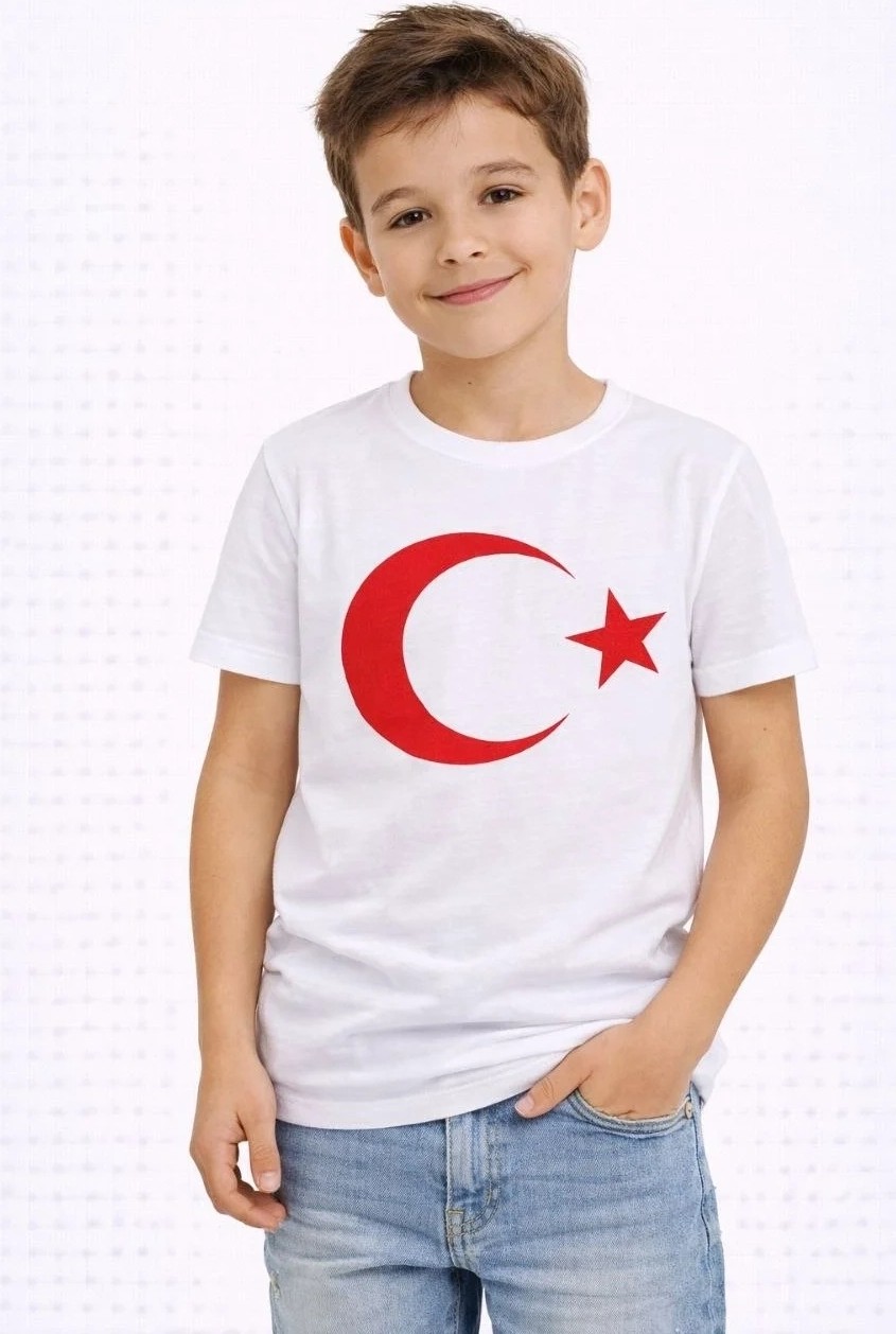 Tarz Yeri Erkek Çocuk Tişört Bisiklet Yaka Ay Yıldız Bayrak Baskılı T-Shirt - Beyaz görsel 3
