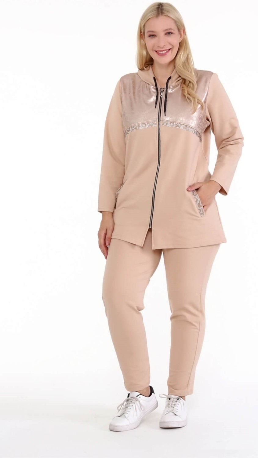 Mia Butik Kadın Büyük Beden Krem Deri Görünümlü Eşofman Takımı