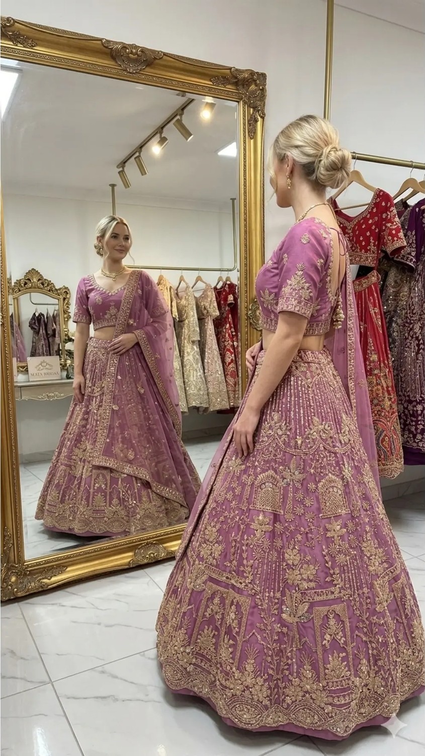 Aashiv's Collection Gelinlik Hint Lehenga Choli Takımı Mor Işlemeli