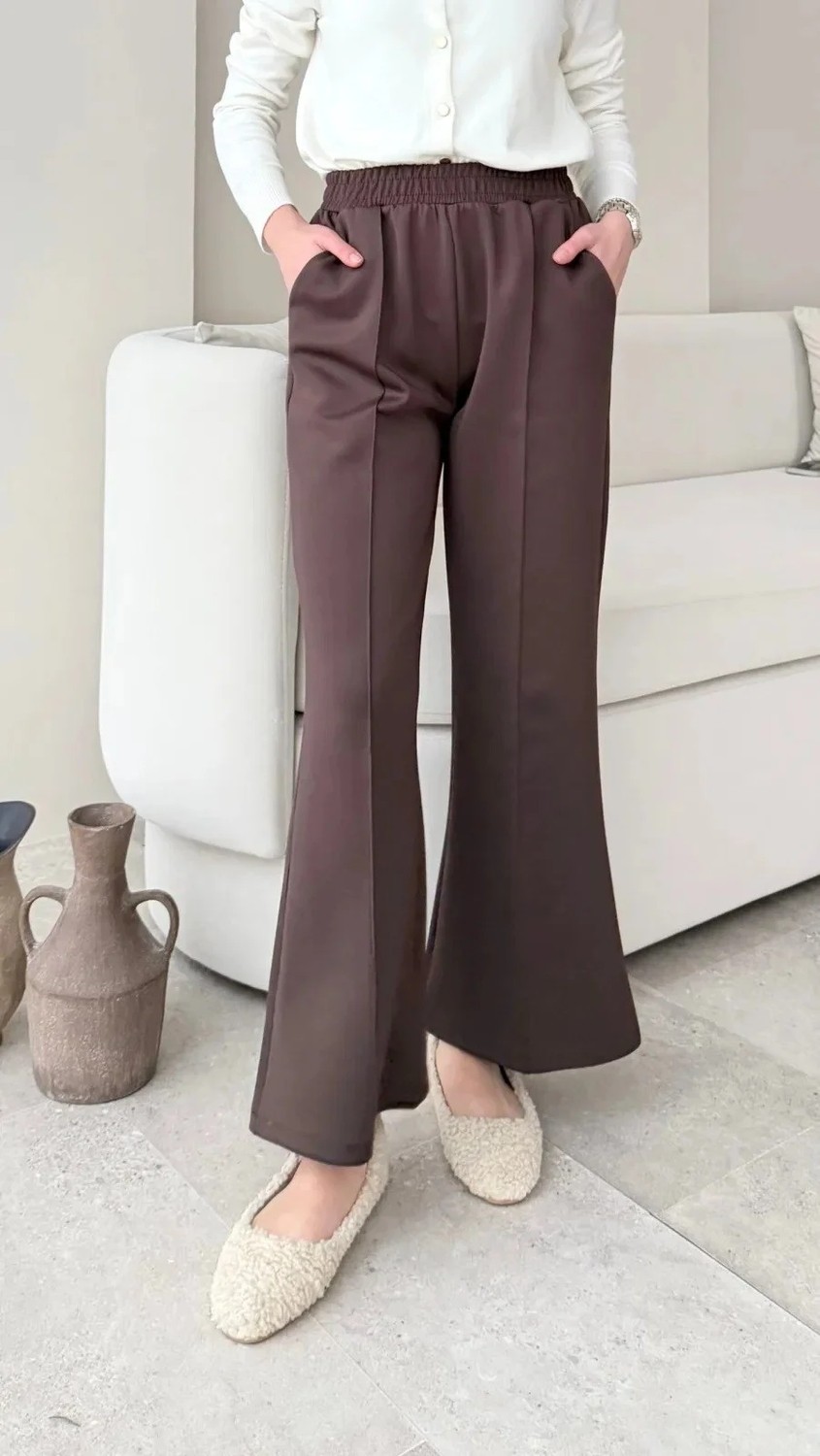 Miraydin Butik Kadın Bol Paça Çımalı Scuba Pantolon M7071 - Kahverengi