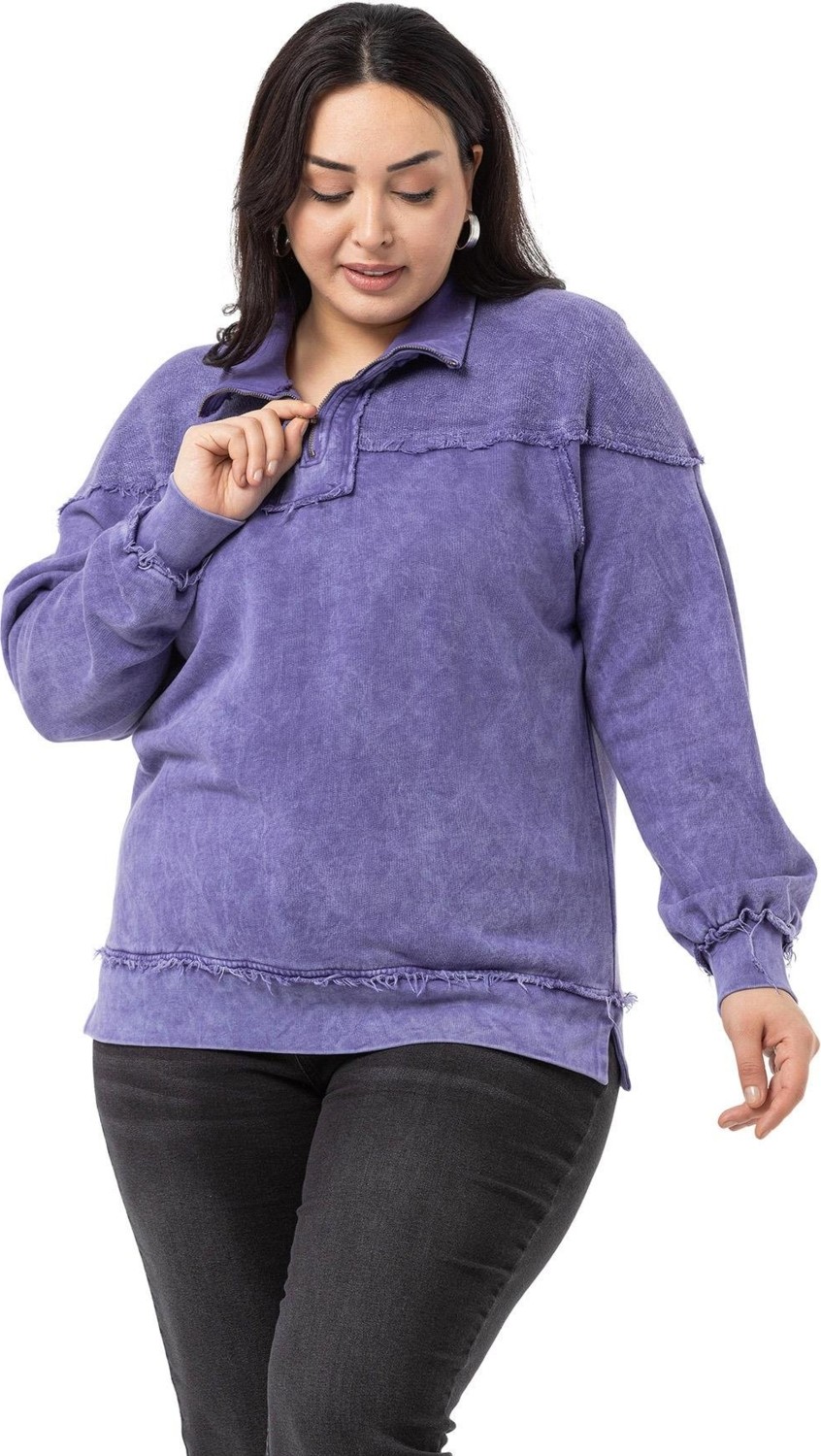Disentis Modest Büyük Beden Pis Dikişli Fermuarlı Yırtmaçlı Parça Boyalı Gri Sweatshirt