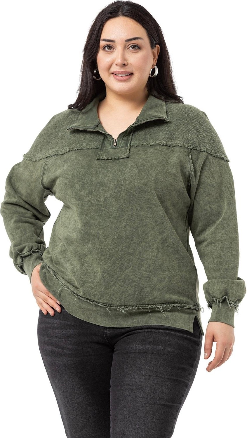 Disentis Modest Büyük Beden Pis Dikişli Fermuarlı Yırtmaçlı Parça Boyalı Gri Sweatshirt